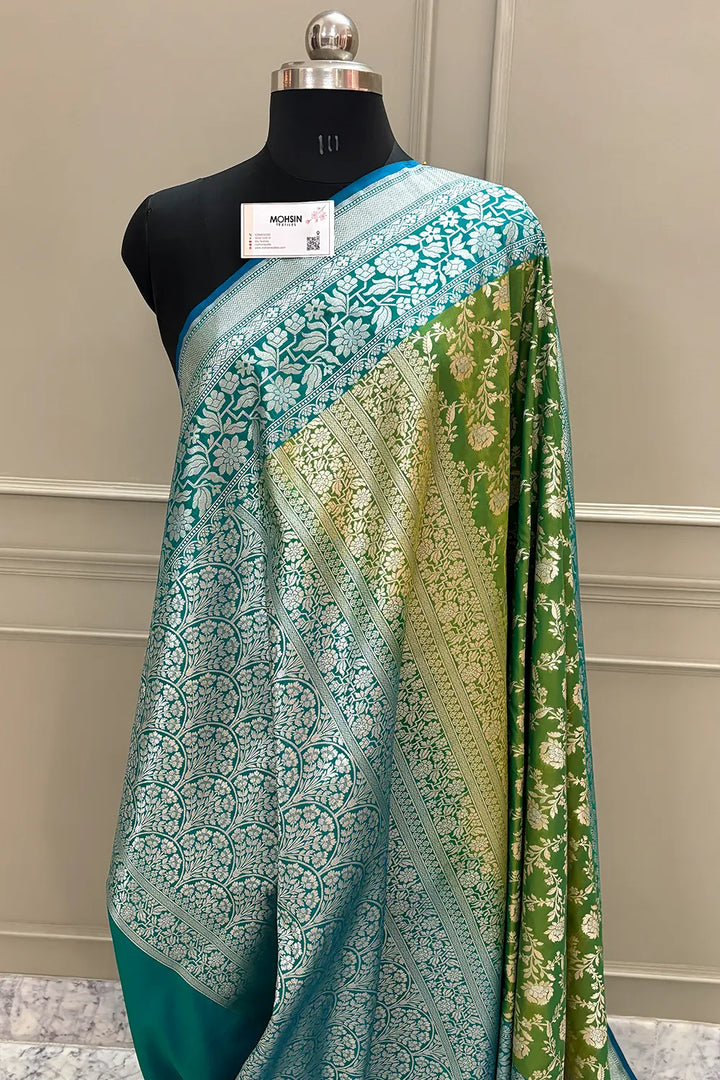 Mehendi and Teal Maharani Jaal Crepe Silk Banarasi Saree