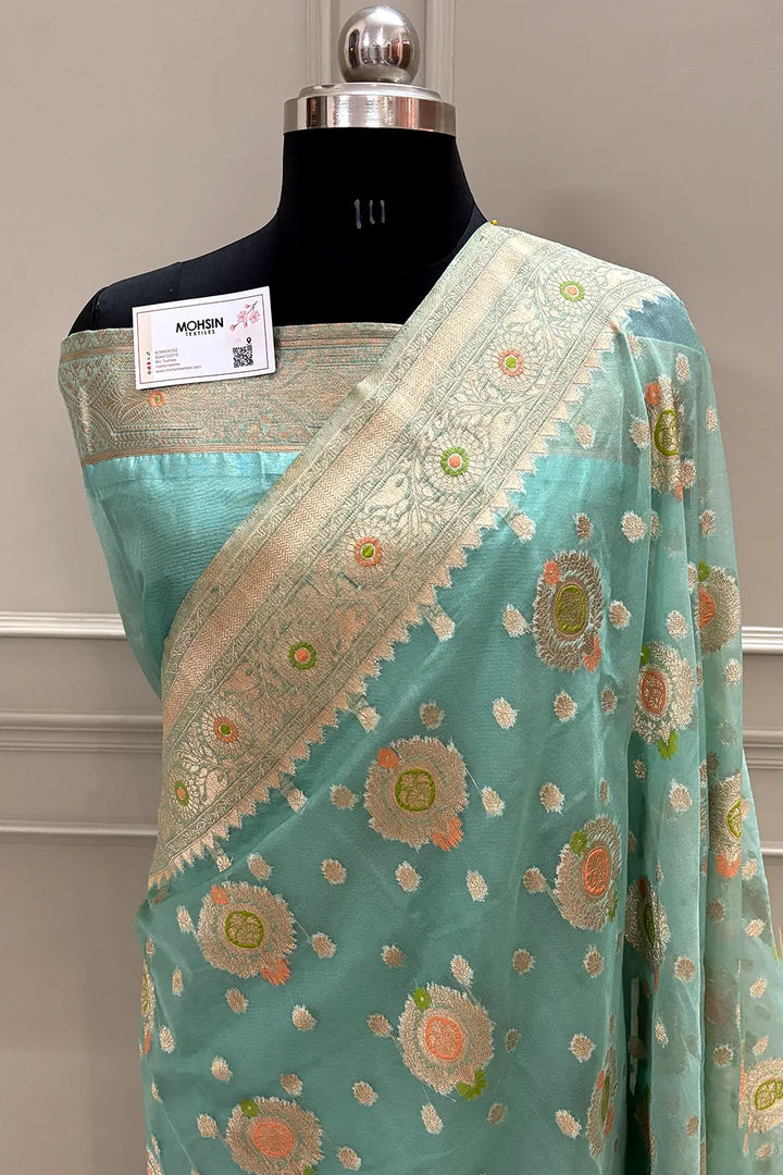 Mint Green Golden Zari Organza Silk Banarasi Saree