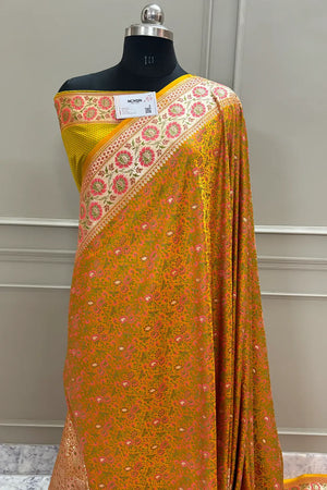 Mustard and Orange Jungli Jaal Katan Silk Banarasi Saree