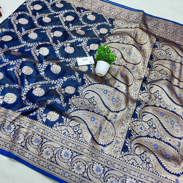 Navy Blue Handloom Pure Katan Silk Banarasi Saree