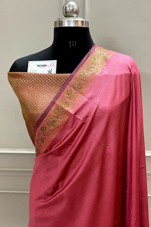 Peach Plain Golden Zari Silky Banarasi Saree