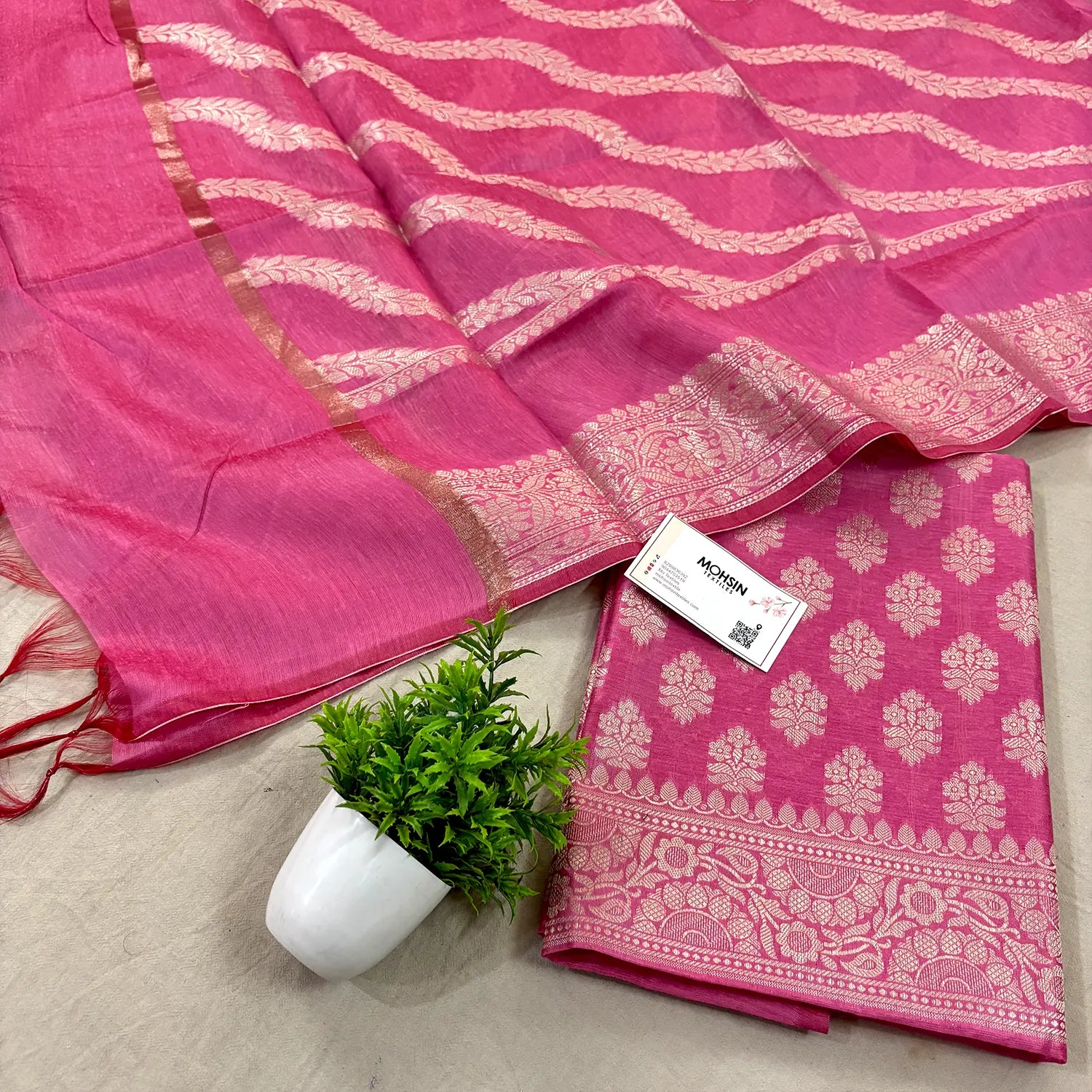 Pink Tri Phool Banarasi Silk Suit