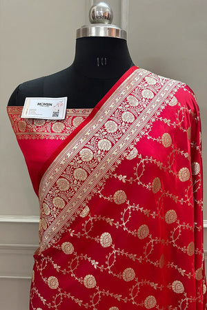 Pinkish Red Ropeway Jaal Katan Silk Banarasi Saree