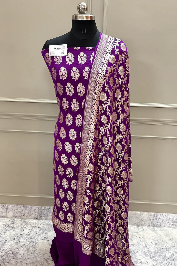 Purple Guldasta Pure Georgette Silk Banarasi Suit