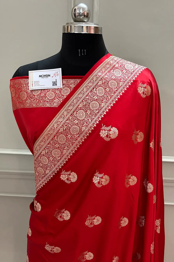 Red Golden Flower Katan Silk Banarasi Saree