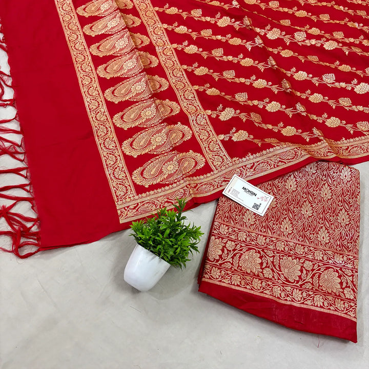 Red Golden Zari Katan Silk Banarasi Suit