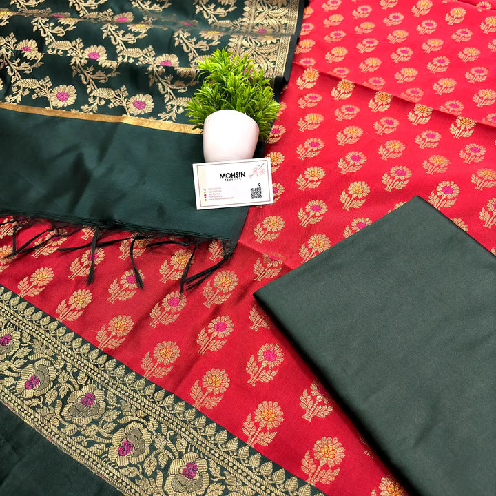 Red and Bottle Green Contrass Satin Silk Banarasi Suit