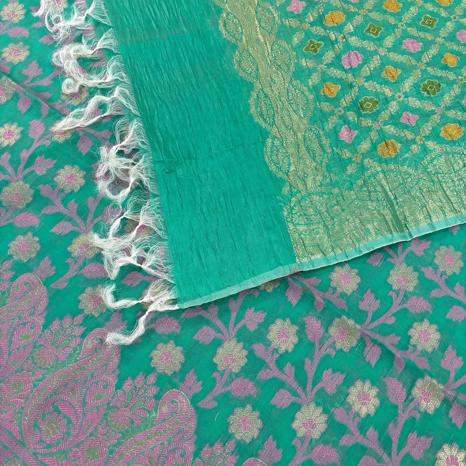 Sea Green Pakki Jaal Crush Cotton Silk Banarasi Suit
