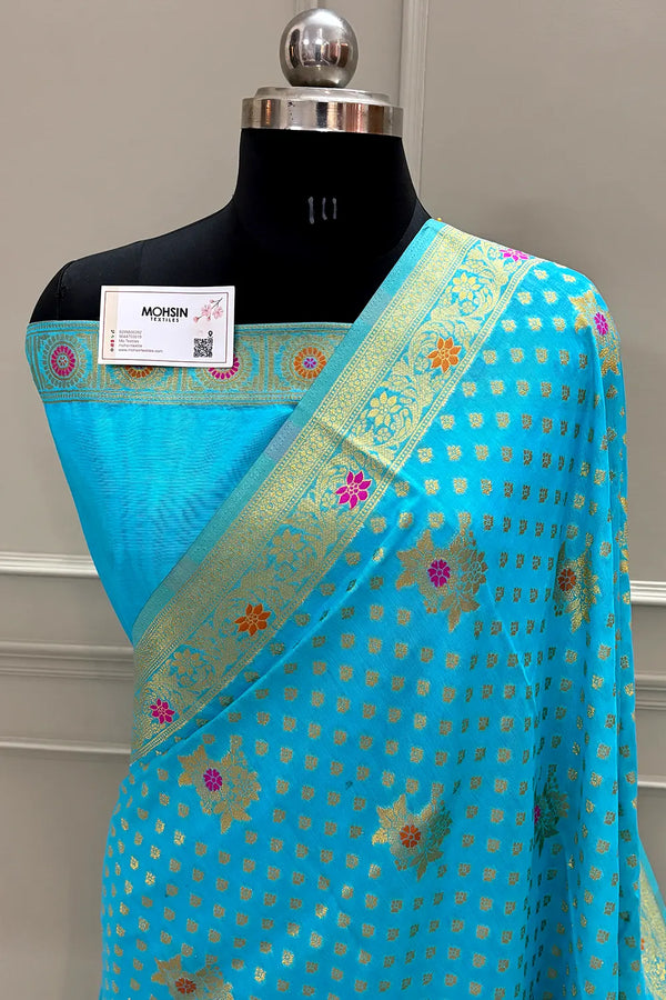 Sky Blue Golden Zari Dola Silk Banarasi Saree