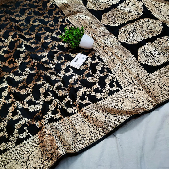 Black Moglai Jaal Katan Silk Banarasi Saree