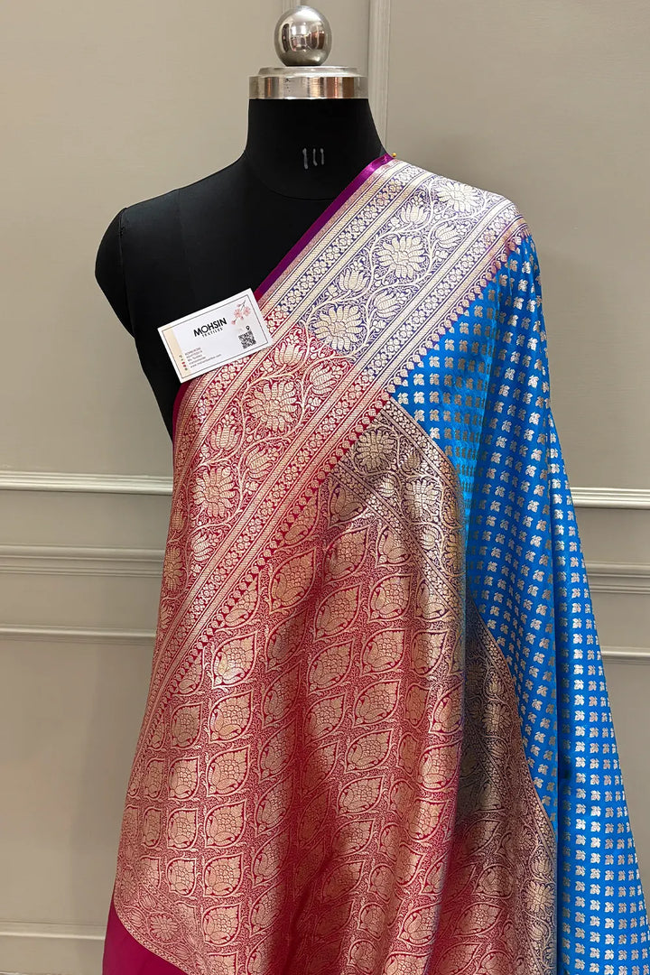 Firozi and Pink Chidi Buti Katan Silk Banarasi Saree