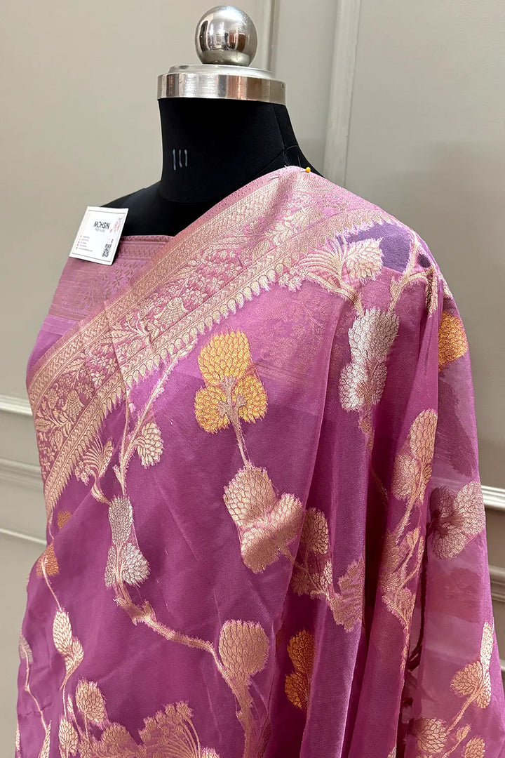 Lavender Golden Zari Organza Silk Banarasi Saree