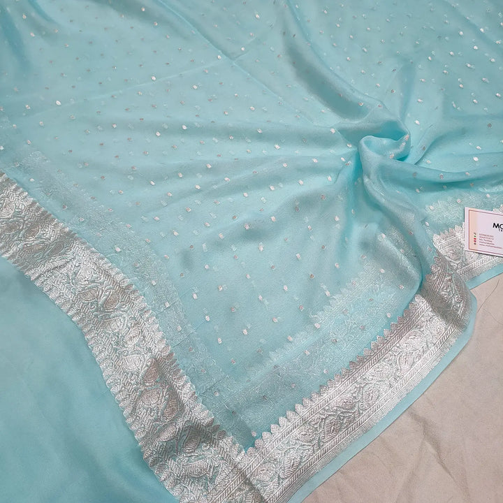 Light Firozi Chunri Georgette Silk Banarasi Dupatta