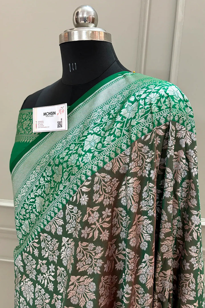 Light Green and Green Temple Buta Katan Silk Banarasi Saree