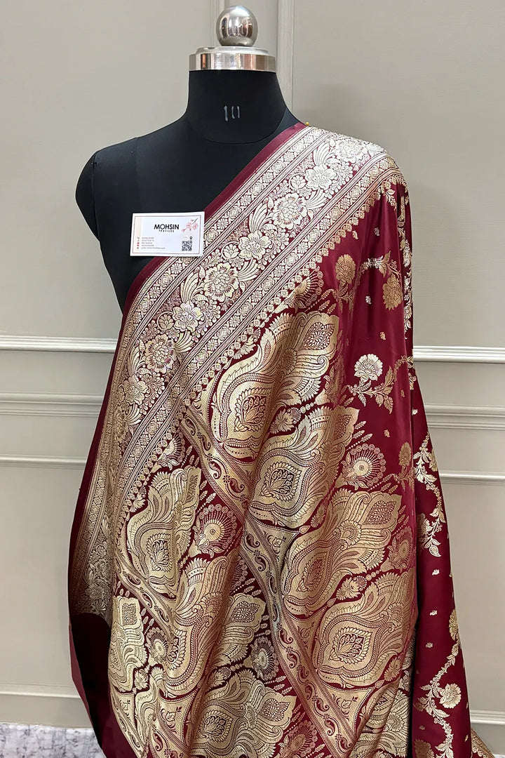 Maroon Tirchi Daal Katan Silk Banarasi Saree