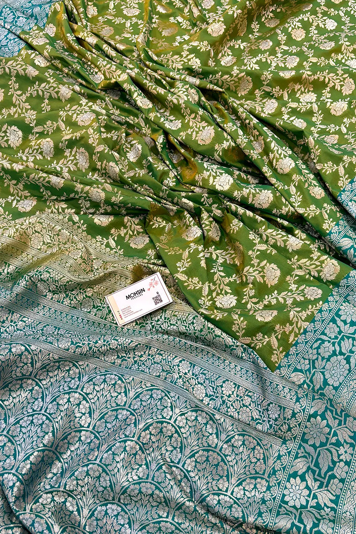 Mehendi and Teal Maharani Jaal Crepe Silk Banarasi Saree