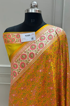 Mustard and Orange Jungli Jaal Katan Silk Banarasi Saree