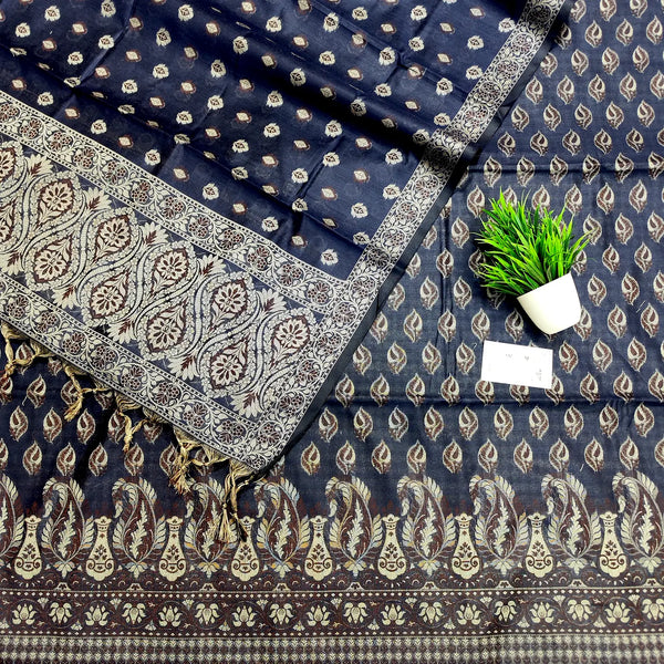 Navy Blue Surahi Mashal Cotton Silk Banarasi Suit
