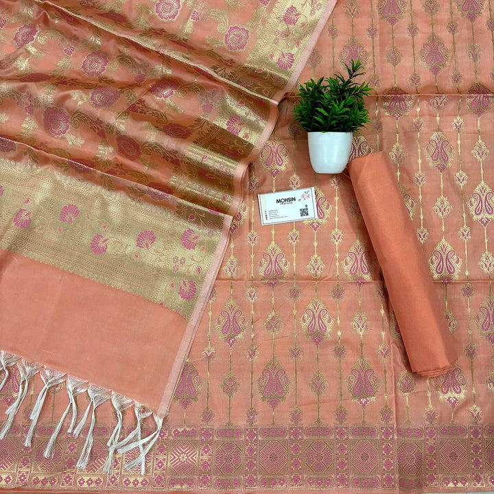 Peach Pink Meena Katan Silk Banarasi Suit