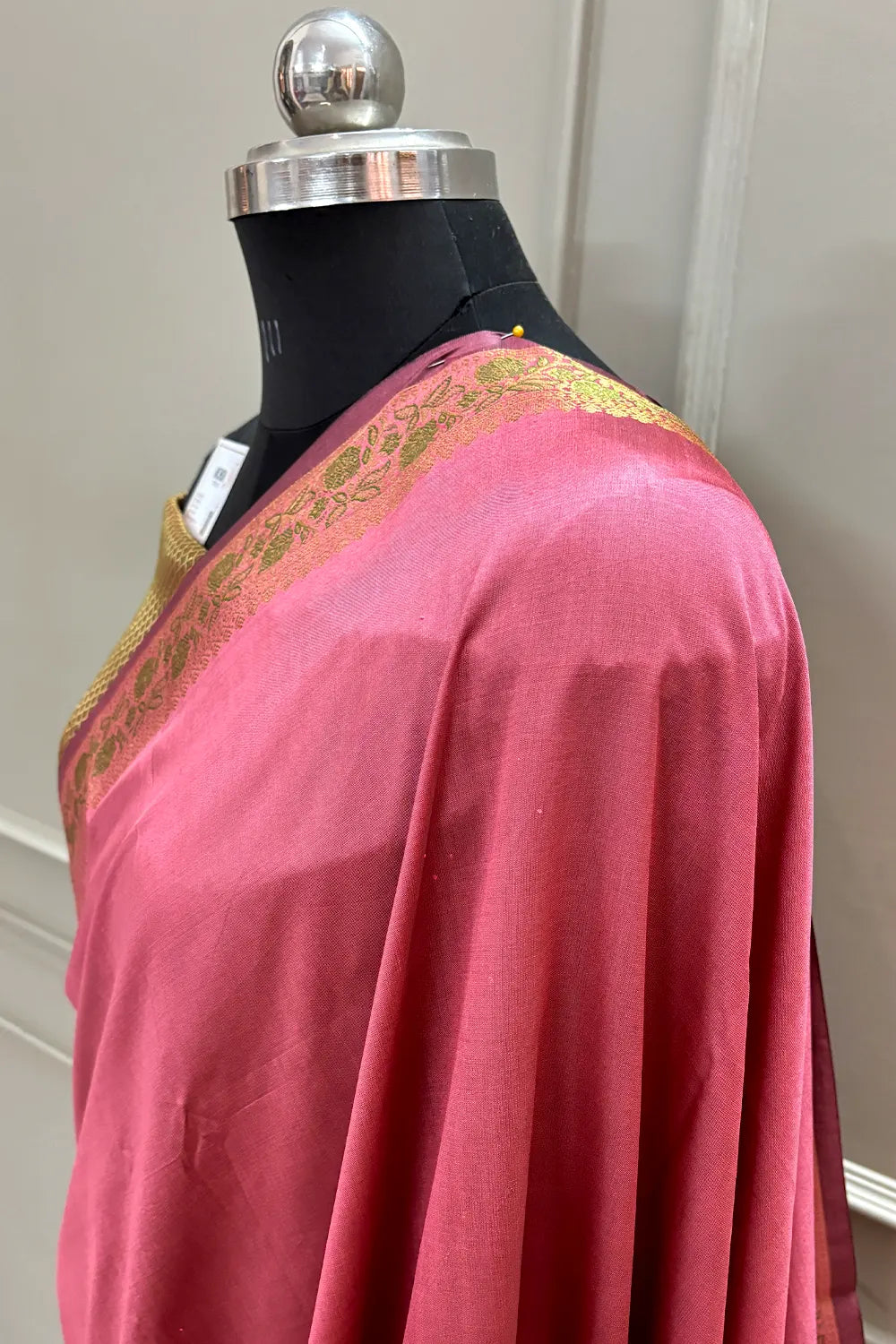 Peach Plain Golden Zari Silky Banarasi Saree