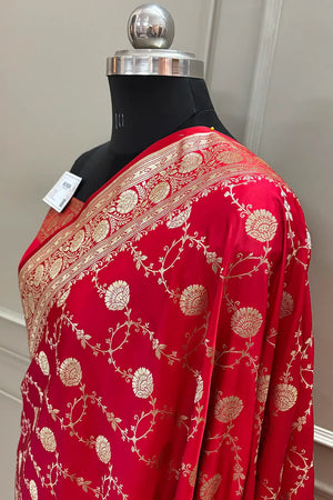Pinkish Red Ropeway Jaal Katan Silk Banarasi Saree