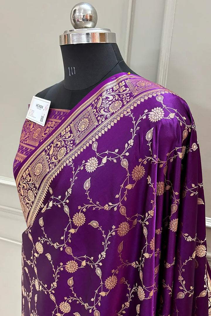 Purple Albeli Jaal Katan Silk Banarasi Saree