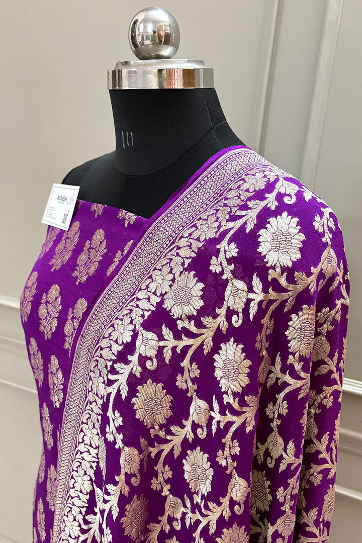 Purple Guldasta Pure Georgette Silk Banarasi Suit