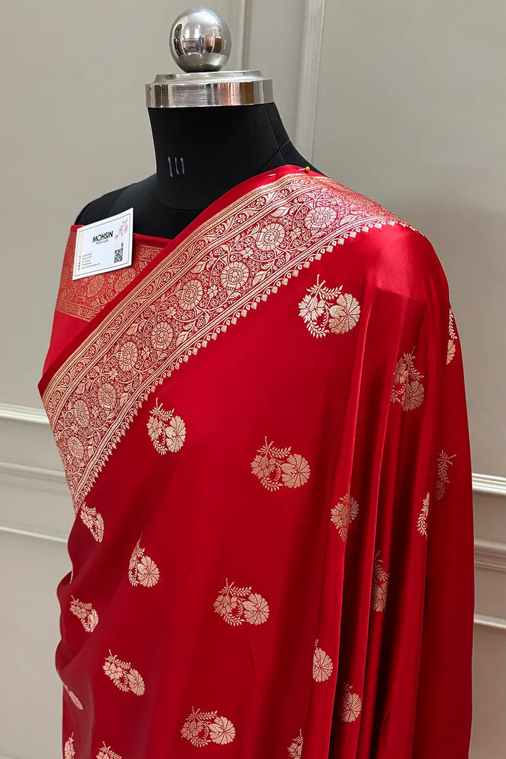 Red Golden Flower Katan Silk Banarasi Saree