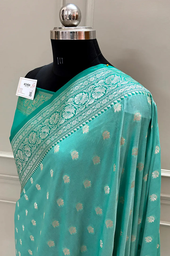 Sea Green and Mint Ghonga Buti Katan Silk Banarasi Saree