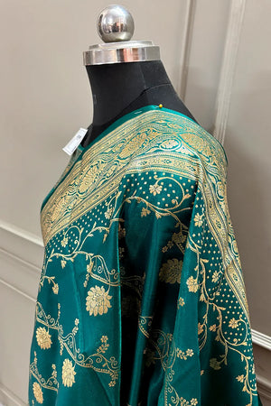 Teal Green Bhawar Jaal Satin Silk Banarasi Saree