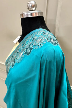 Teal and Beige Plain Resham Silk Banarasi Saree