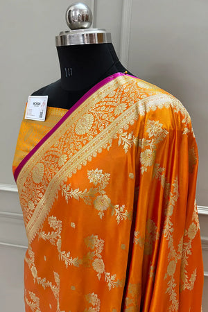 Yellow Papakipari Katan Silk Banarasi Saree