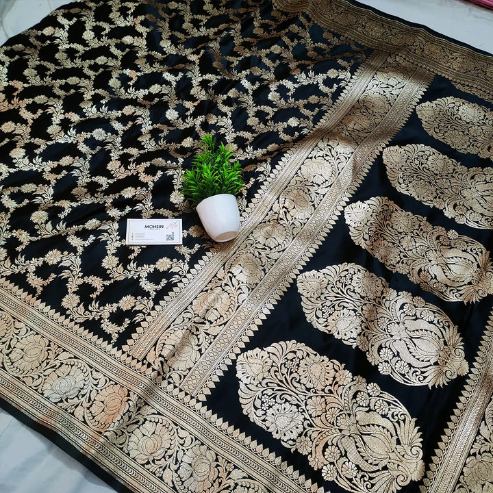 Black Moglai Jaal Katan Silk Banarasi Saree