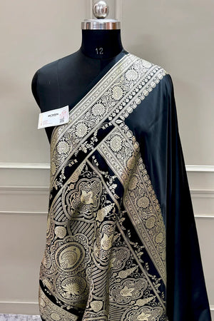 Black Plain Golden Zari Katan Silk Banarasi Saree