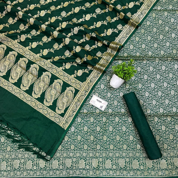 Bottle Green Golden Zari Katan Silk Banarasi Suit