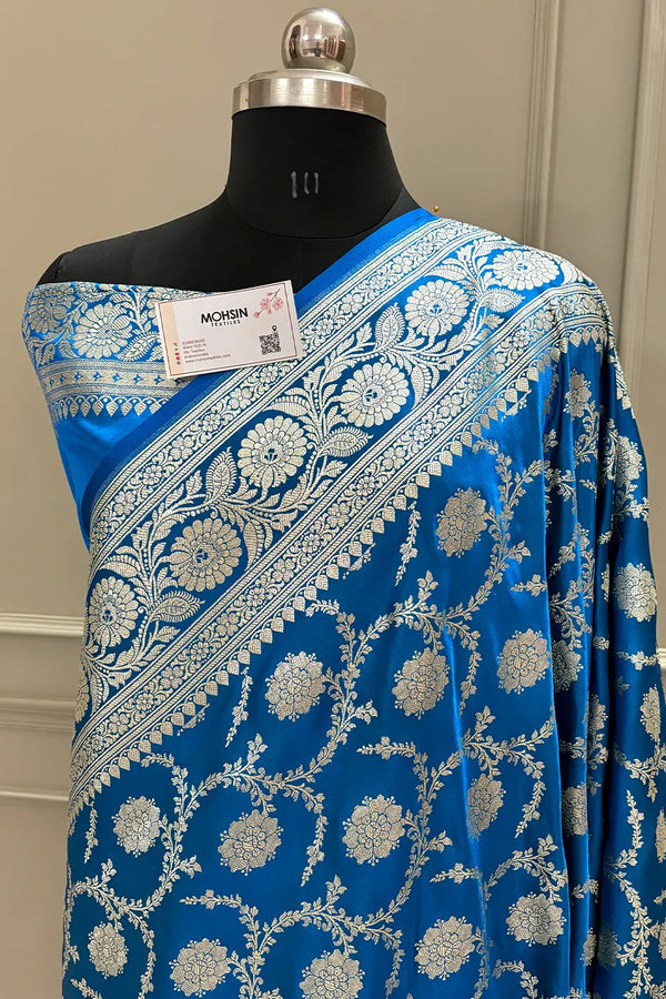 Dark Firozi Murmuri Jaal Katan Silk Banarasi Saree