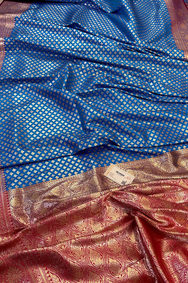 Firozi and Pink Chidi Buti Katan Silk Banarasi Saree