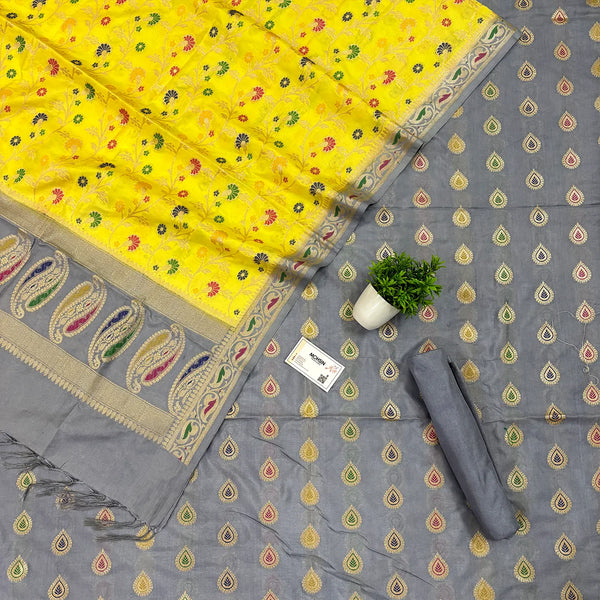 Grey and Yellow Golden Zari Katan Silk Banarasi Suit