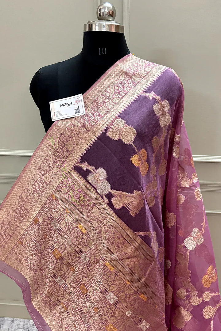 Lavender Golden Zari Organza Silk Banarasi Saree