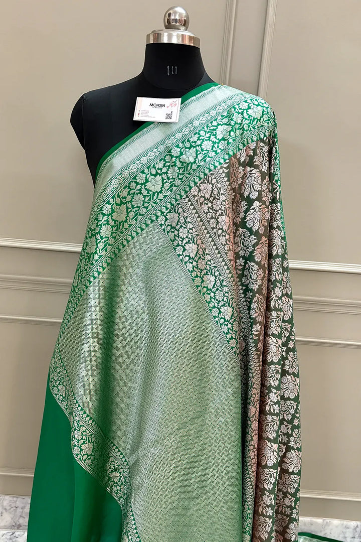 Light Green and Green Temple Buta Katan Silk Banarasi Saree