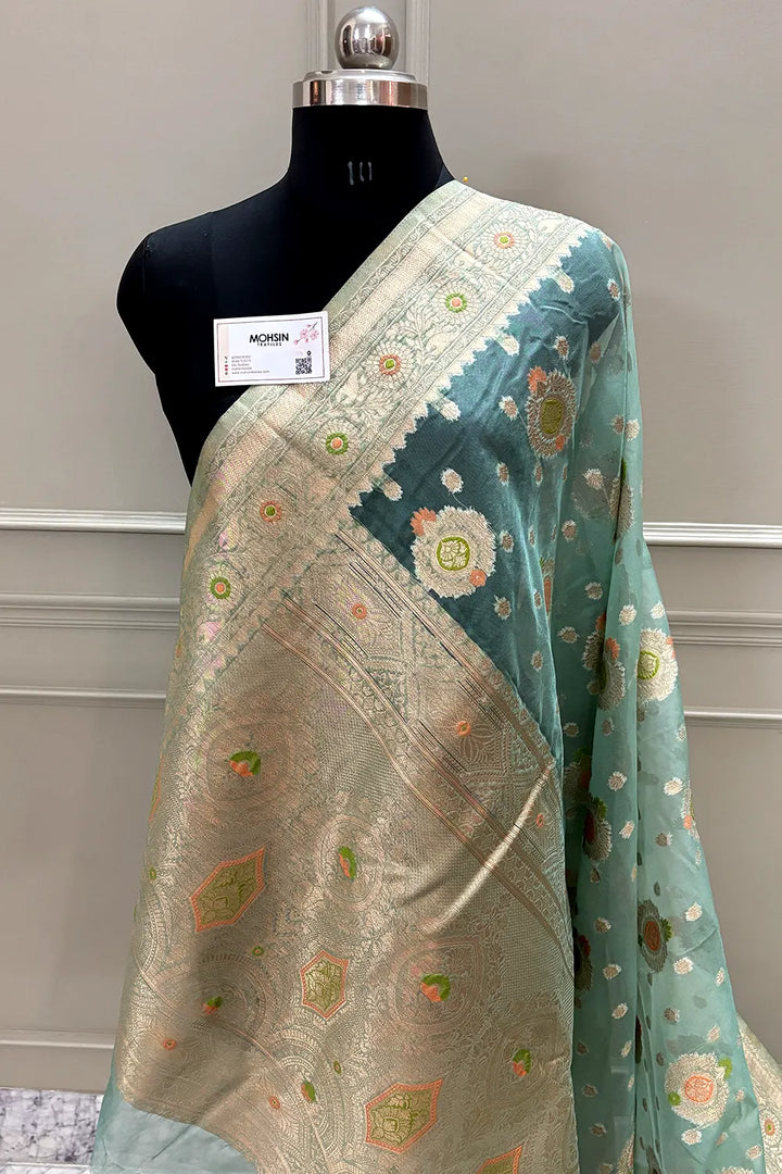 Mint Green Golden Zari Organza Silk Banarasi Saree