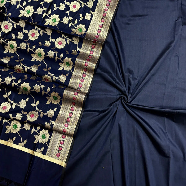  Navy Blue Plain Banarasi Suit With Satin Meena Dupatta