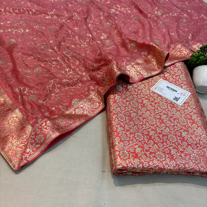 Peach Golden Zari Kimkhab Silk Banarasi Gharara