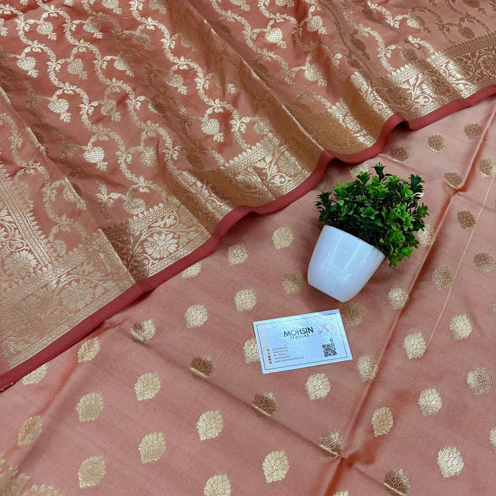 Peach Kiyari Buti Satin Silk Banarasi Suit