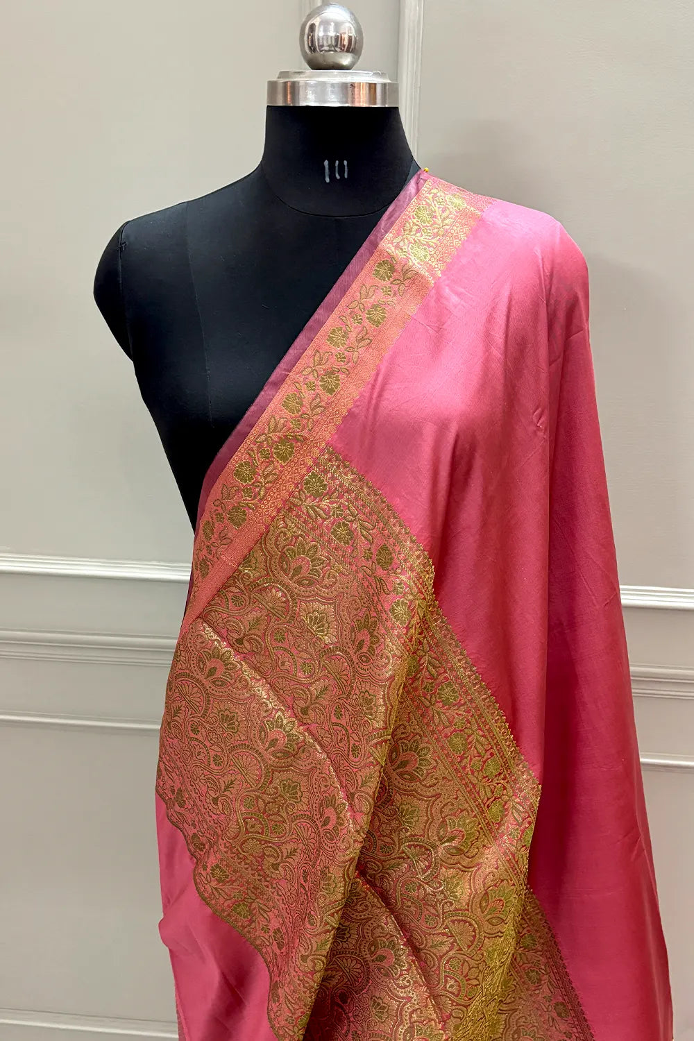 Peach Plain Golden Zari Silky Banarasi Saree