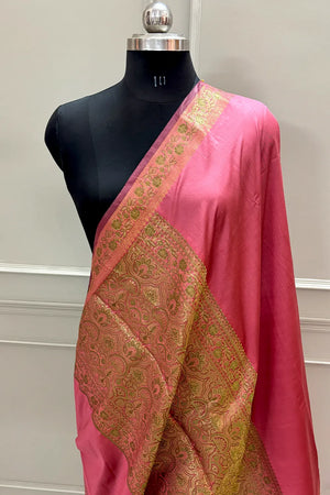 Peach Plain Golden Zari Silky Banarasi Saree