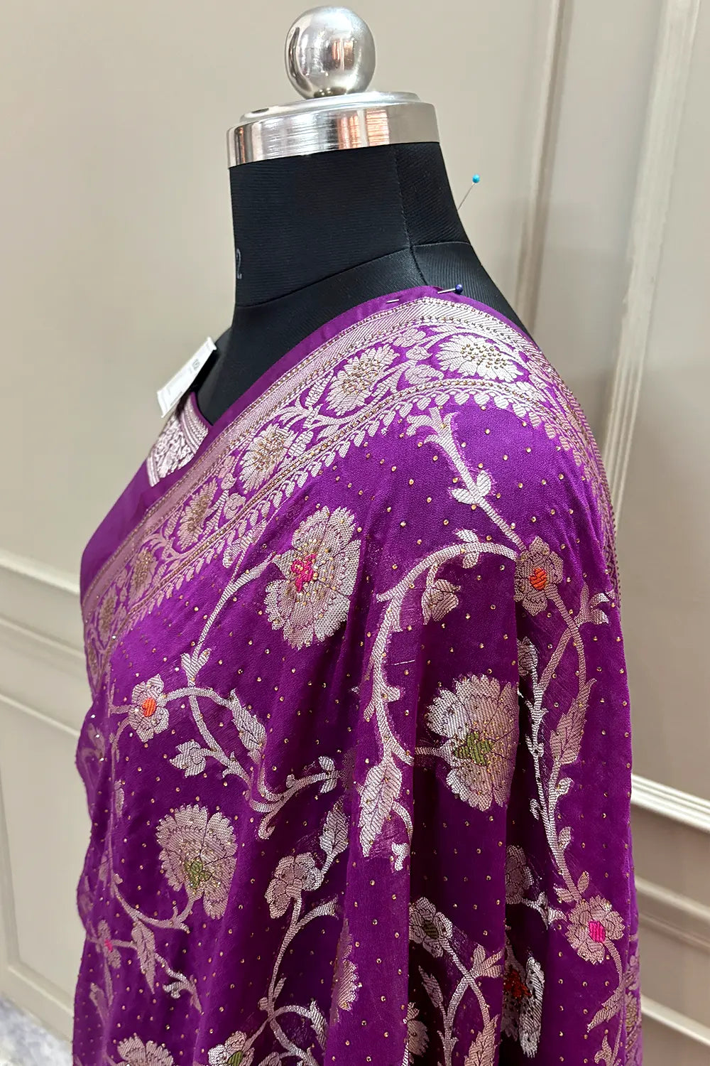 Purple Golden Zari Siroski Stone Georgette Silk Banarasi Saree