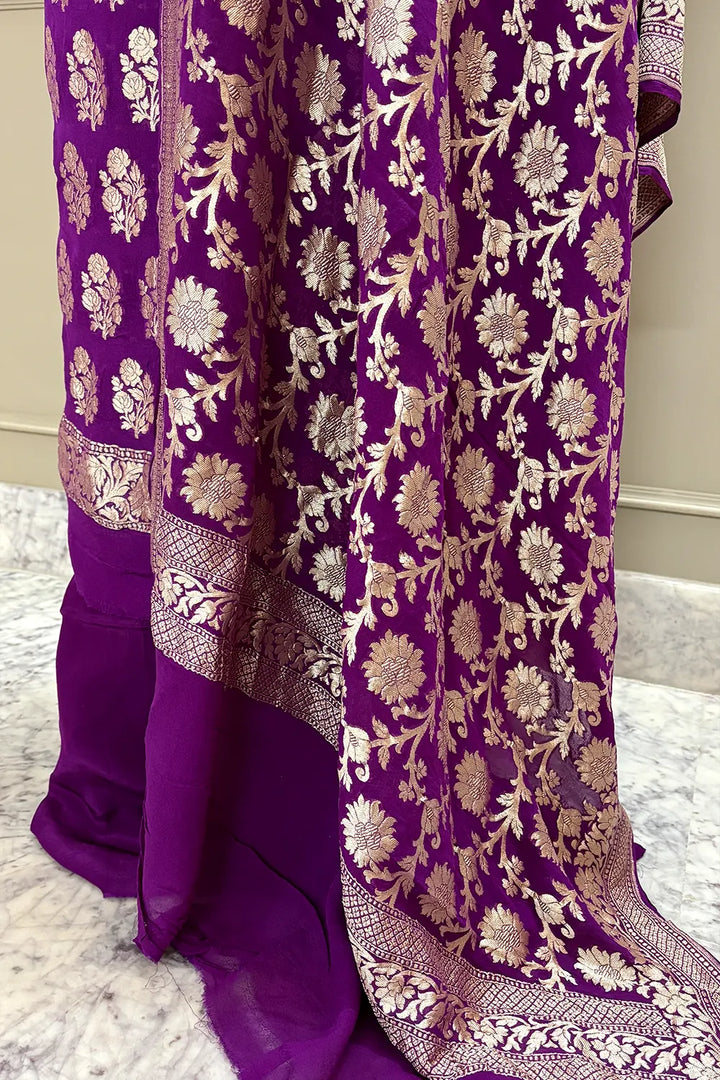 Purple Guldasta Pure Georgette Silk Banarasi Suit