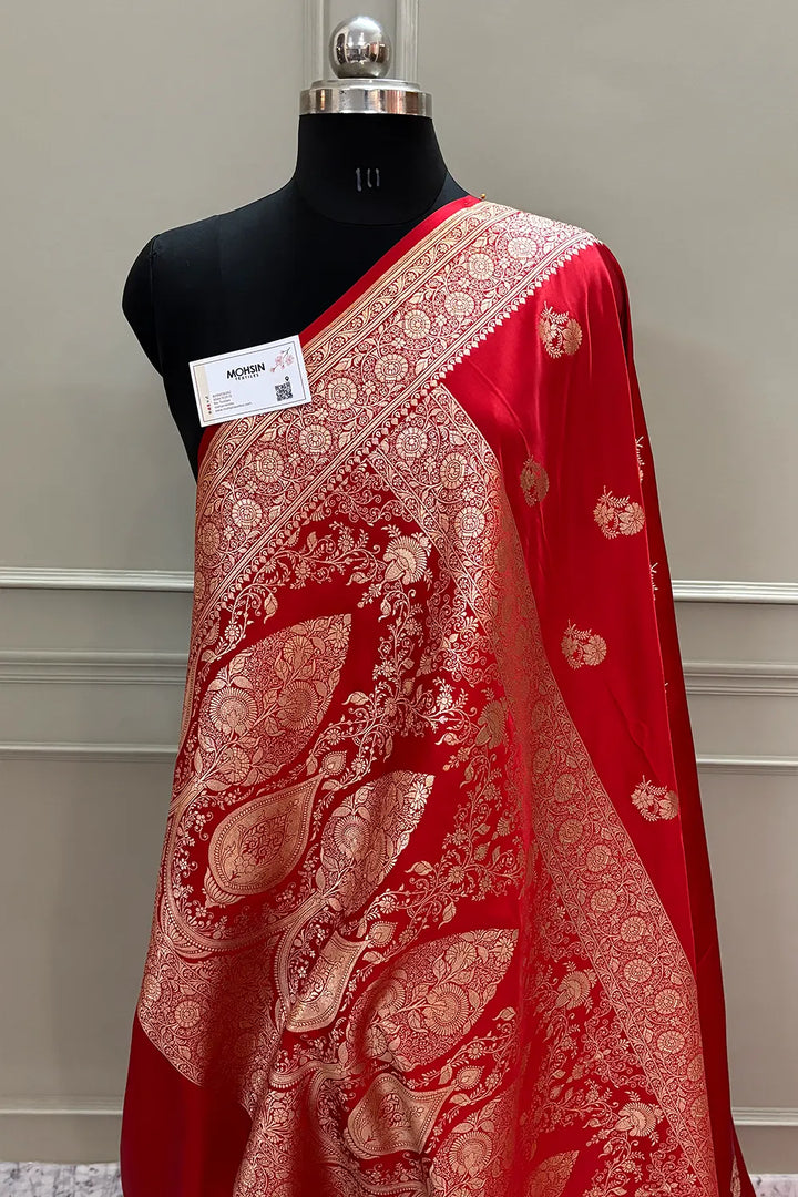 Red Golden Flower Katan Silk Banarasi Saree