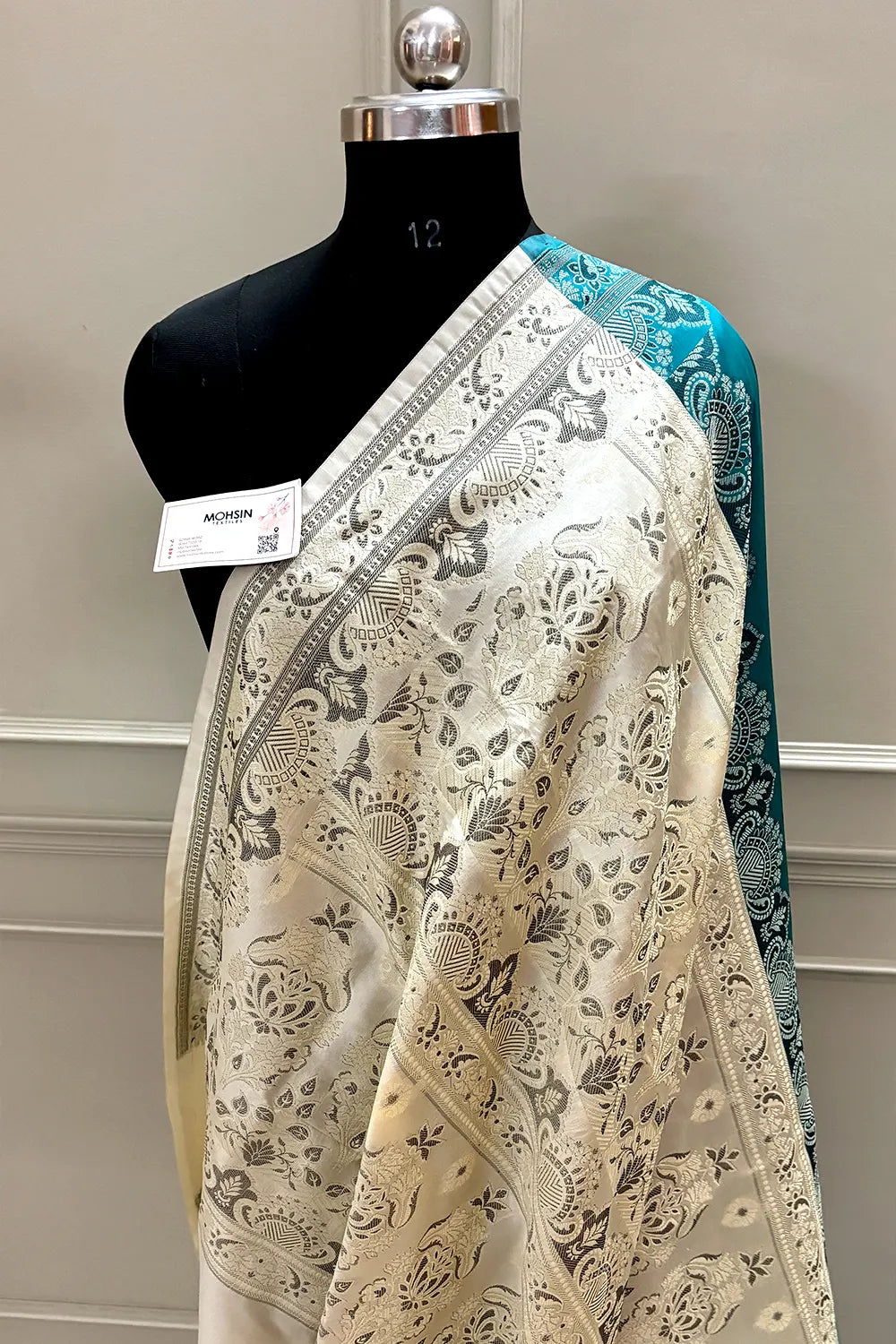 Teal and Beige Plain Resham Silk Banarasi Saree